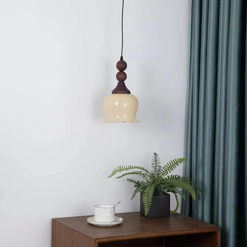 Traditional French Iron Wood Flower Shade 1-Light Pendant Light For Living Room