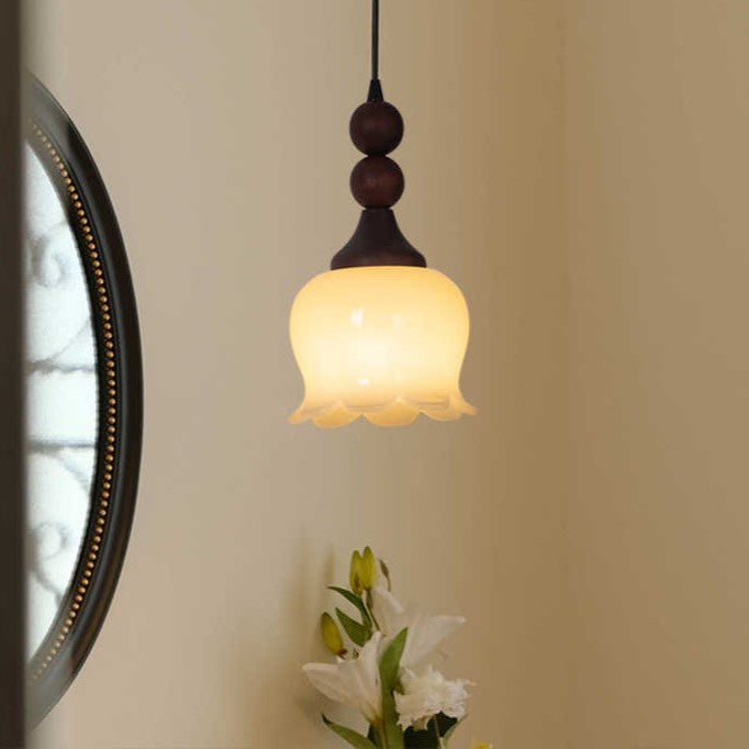Traditional French Iron Wood Flower Shade 1-Light Pendant Light For Living Room