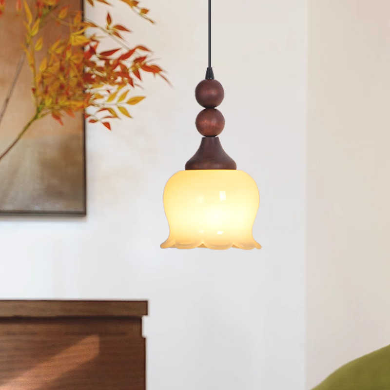 Traditional French Iron Wood Flower Shade 1-Light Pendant Light For Living Room