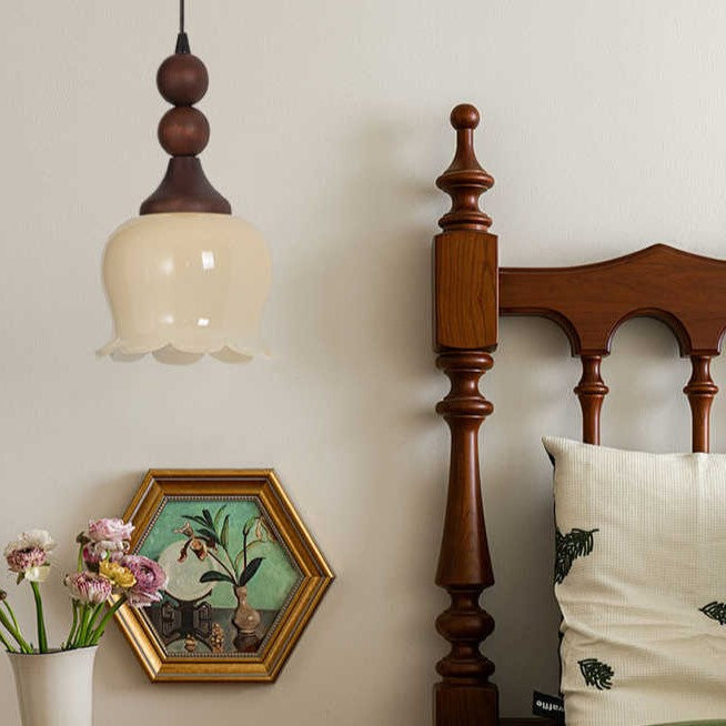 Traditional French Iron Wood Flower Shade 1-Light Pendant Light For Living Room