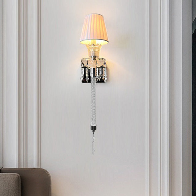 Traditional French Fabric Round Shade Stainless Steel Crystal 1-Light Wall Sconce Lamp For Living Room
