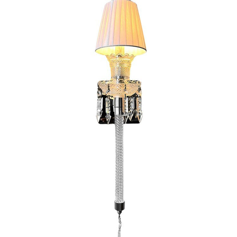 Traditional French Fabric Round Shade Stainless Steel Crystal 1-Light Wall Sconce Lamp For Living Room