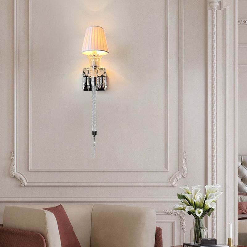 Traditional French Fabric Round Shade Stainless Steel Crystal 1-Light Wall Sconce Lamp For Living Room