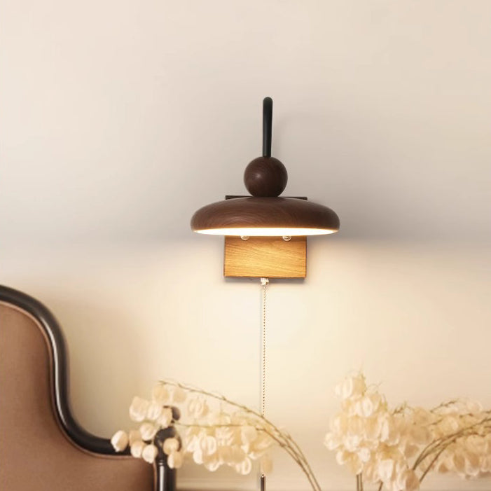 Traditional French Iron Walnut Wood Grain Round LED Wall Sconce Lamp For Bedroom
