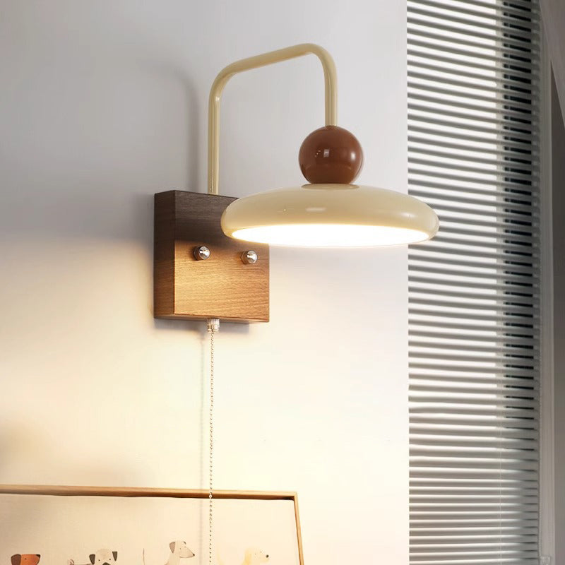 Traditional French Iron Walnut Wood Grain Round LED Wall Sconce Lamp For Bedroom