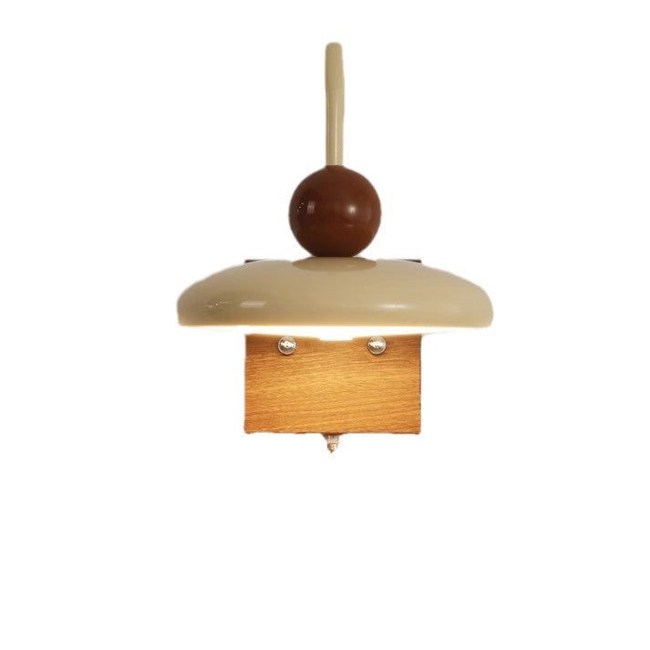 Traditional French Iron Walnut Wood Grain Round LED Wall Sconce Lamp For Bedroom