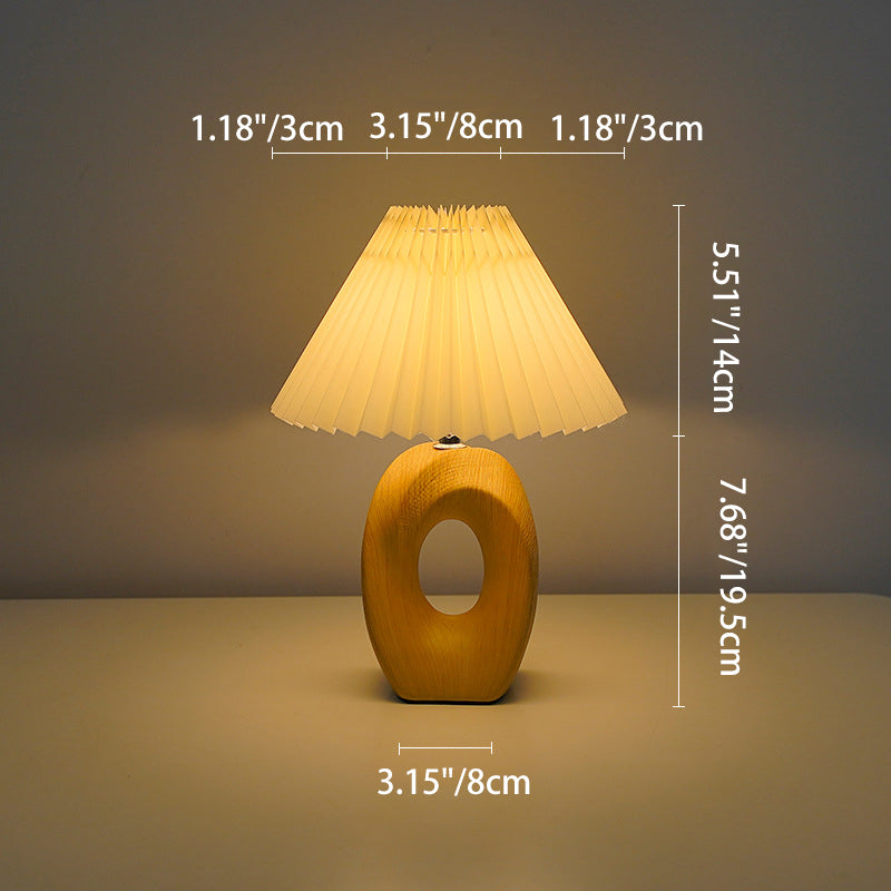 Traditional Japanese Pleated Fabric Shade Wood Grain Ceramic Base USB LED Table Lamp For Bedside