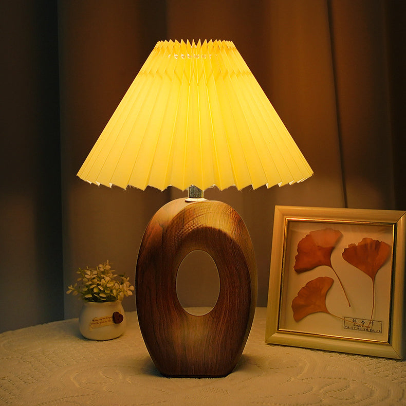 Traditional Japanese Pleated Fabric Shade Wood Grain Ceramic Base USB LED Table Lamp For Bedside