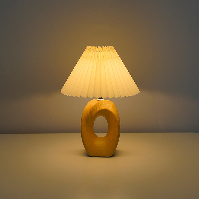 Traditional Japanese Pleated Fabric Shade Wood Grain Ceramic Base USB LED Table Lamp For Bedside