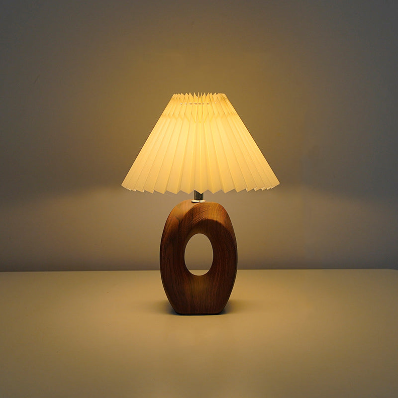 Traditional Japanese Pleated Fabric Shade Wood Grain Ceramic Base USB LED Table Lamp For Bedside