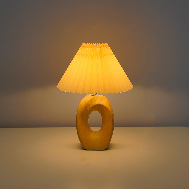 Traditional Japanese Pleated Fabric Shade Wood Grain Ceramic Base USB LED Table Lamp For Bedside