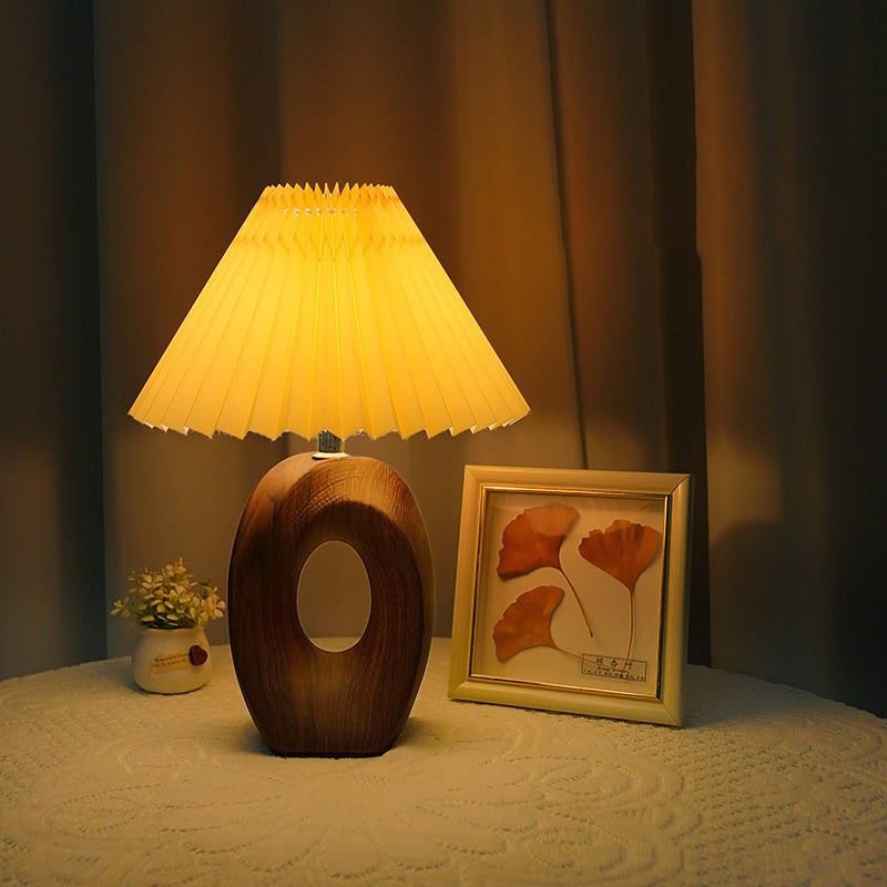 Traditional Japanese Pleated Fabric Shade Wood Grain Ceramic Base USB LED Table Lamp For Bedside