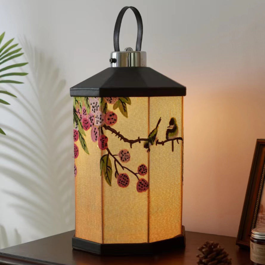 Traditional Chinese Embroidered Fabric Birdcage Shade Hardware USB Rechargeable LED Table Lamp For Living Room