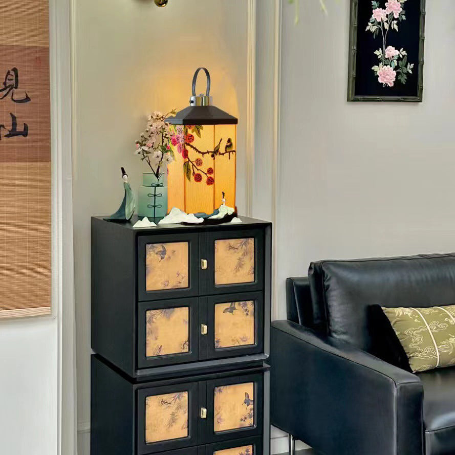 Traditional Chinese Embroidered Fabric Birdcage Shade Hardware USB Rechargeable LED Table Lamp For Living Room