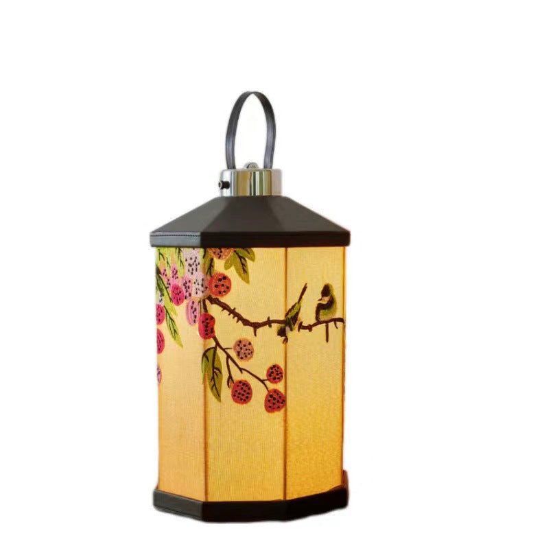 Traditional Chinese Embroidered Fabric Birdcage Shade Hardware USB Rechargeable LED Table Lamp For Living Room