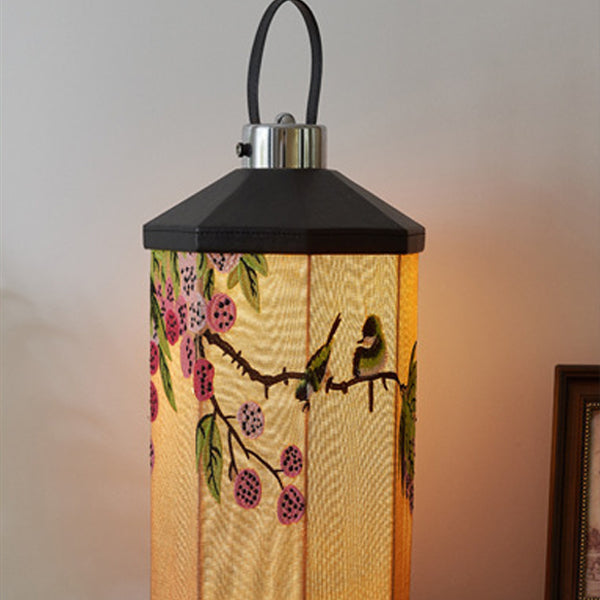 Traditional Chinese Embroidered Fabric Birdcage Shade Hardware USB Rechargeable LED Table Lamp For Living Room