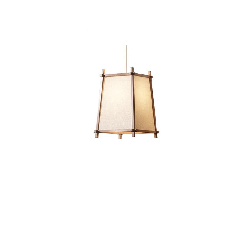 Traditional Chinese Zen Wood Frame Fabric 1-Light Pendant Light For Living Room