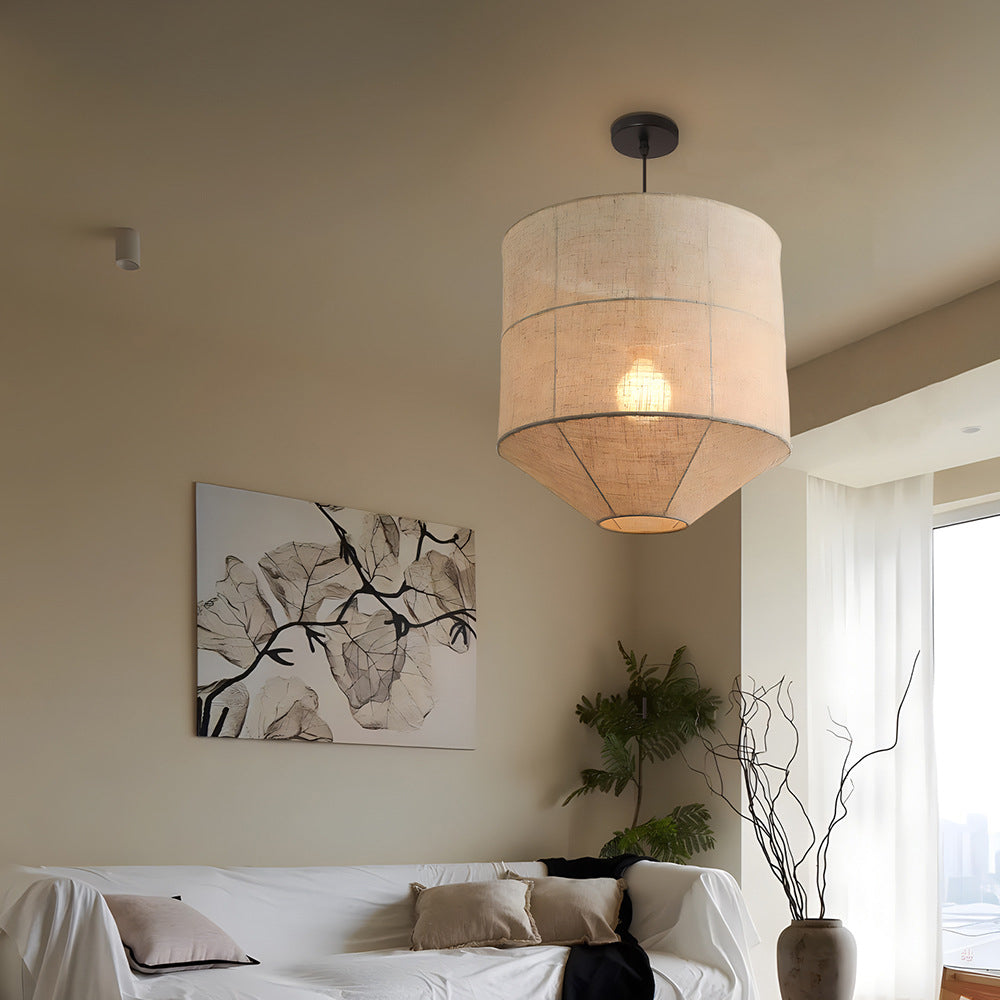 Traditional Japanese Zen Iron Fabric Cylinder Shade 1-Light Pendant Light For Living Room