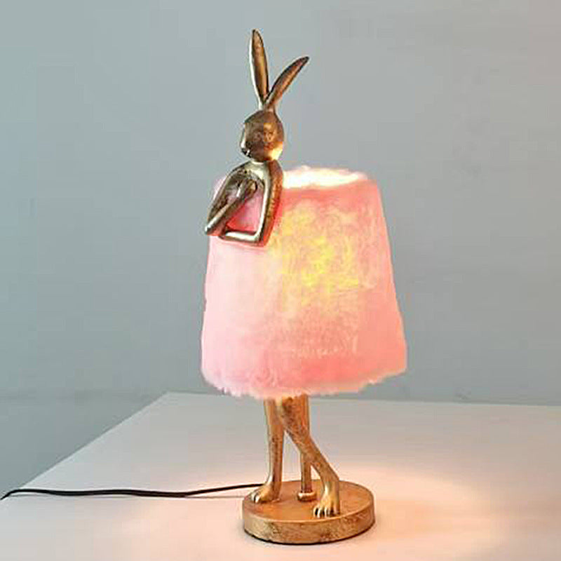 Contemporary Creative Rabbit Metal Feather Round 1-Light Table Lamp For Bedroom