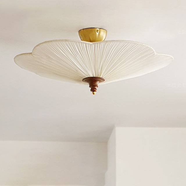 مصباح سقف شبه مدمج بثلاثة مصابيح، مصنوع من خشب فرنسي تقليدي، بظل قماشي بلون زهر البرقوق، لغرفة المعيشة