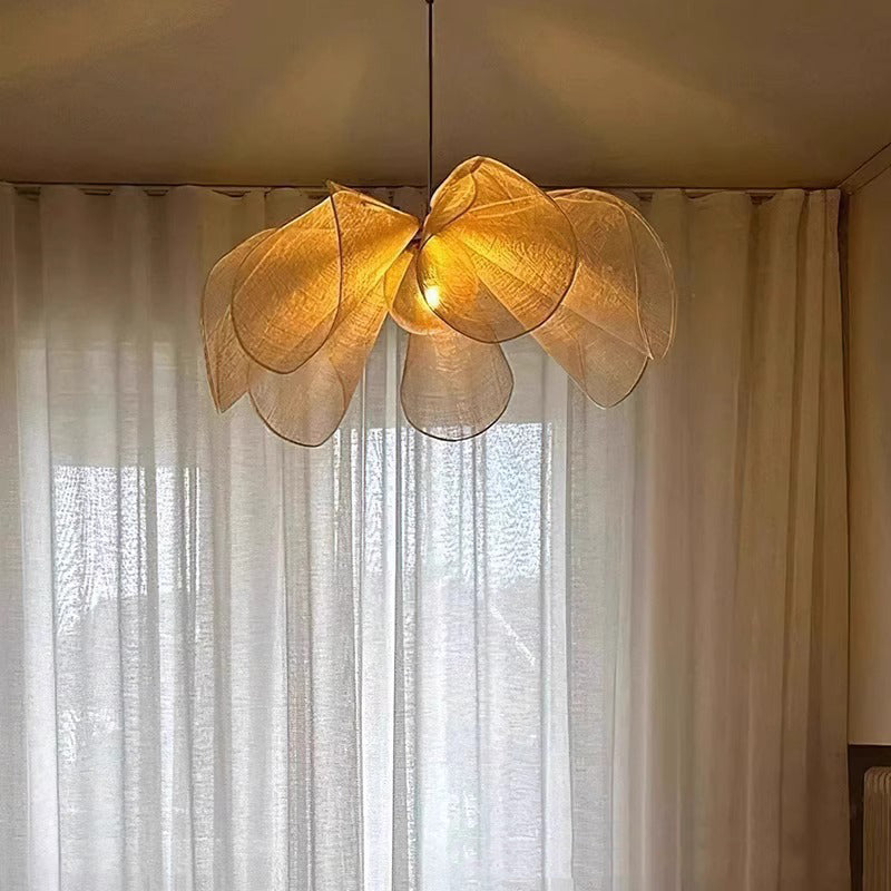 Traditional Japanese Fabric Petal Shade 1-Light Pendant Light For Living Room