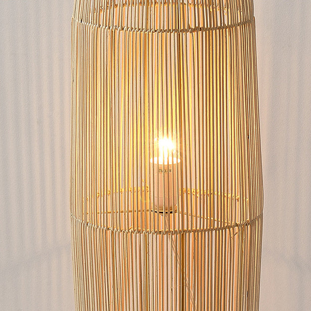 Traditional Japanese Openwork Rattan Weaving Column 2-Light Standing Floor Lamp For Living Room