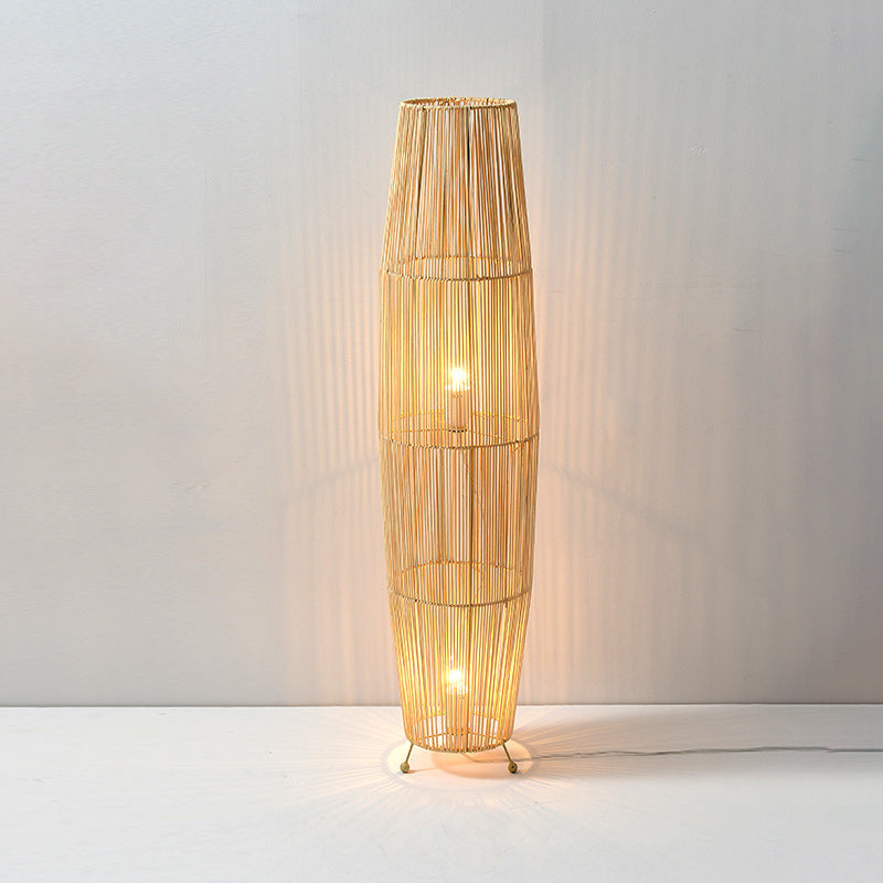 Traditional Japanese Openwork Rattan Weaving Column 2-Light Standing Floor Lamp For Living Room