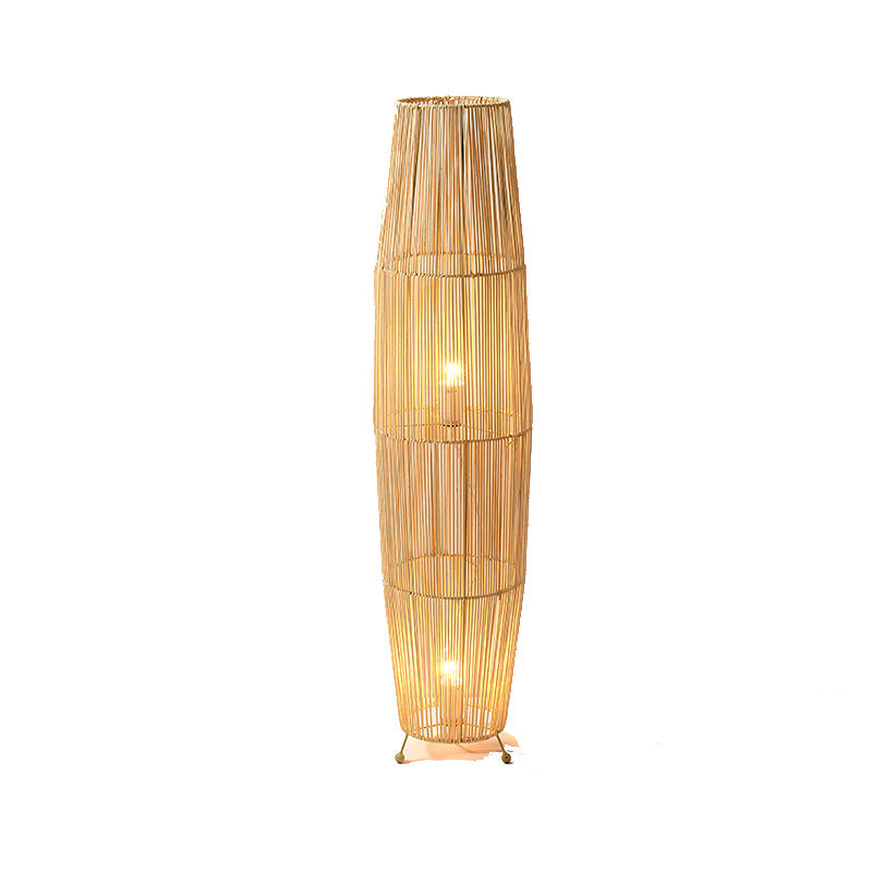 Traditional Japanese Openwork Rattan Weaving Column 2-Light Standing Floor Lamp For Living Room
