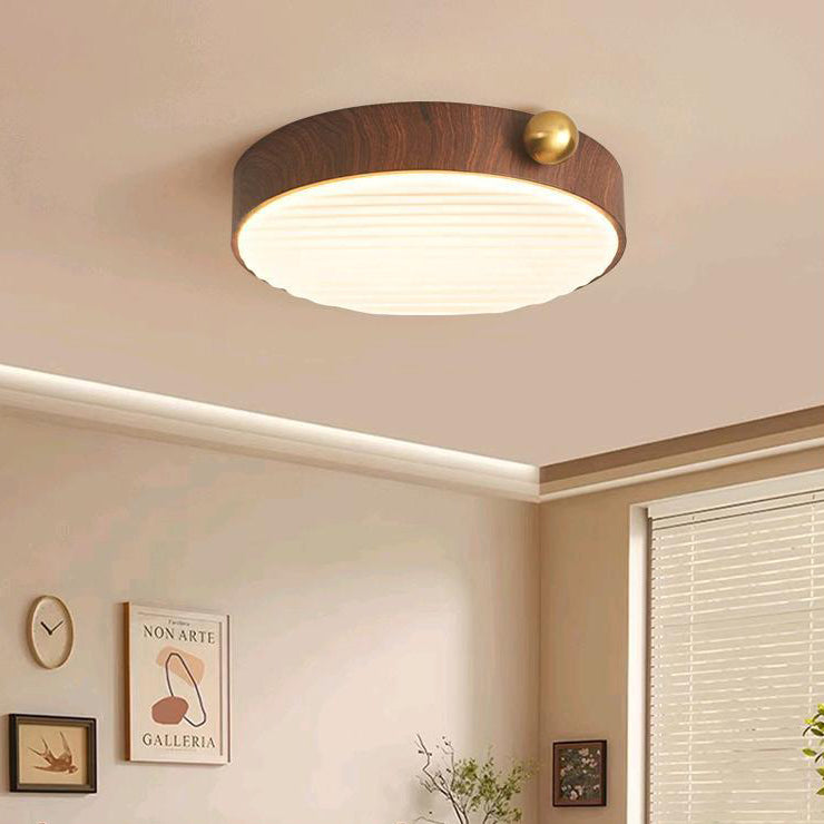 Contemporary Retro Round Iron Walnut Grain Chips Acrylic Shade LED Flush Mount Ceiling Light For Bedroom