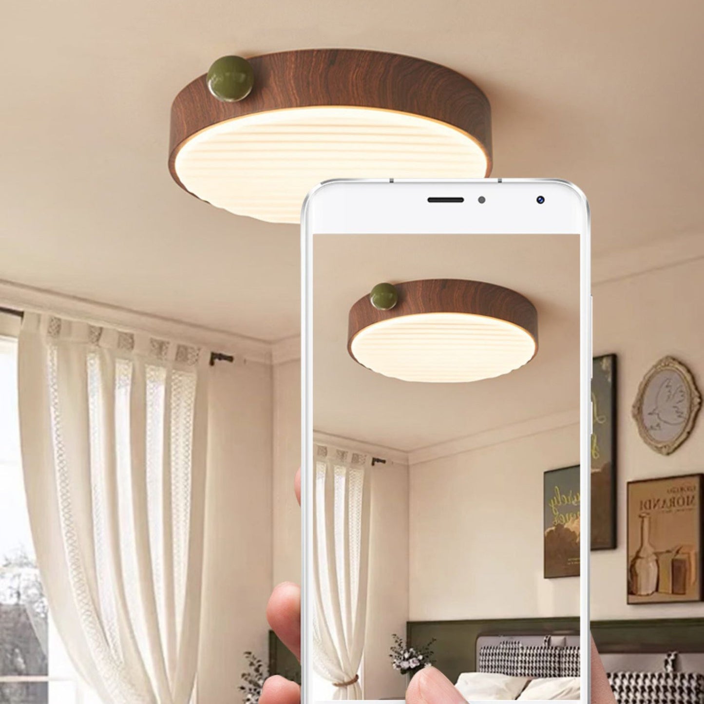 Contemporary Retro Round Iron Walnut Grain Chips Acrylic Shade LED Flush Mount Ceiling Light For Bedroom