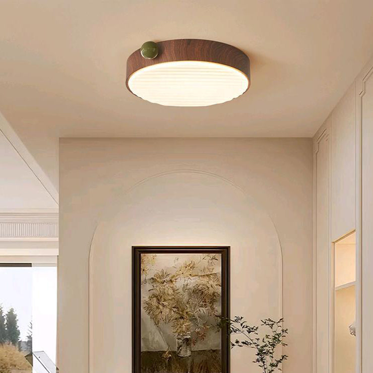 Contemporary Retro Round Iron Walnut Grain Chips Acrylic Shade LED Flush Mount Ceiling Light For Bedroom