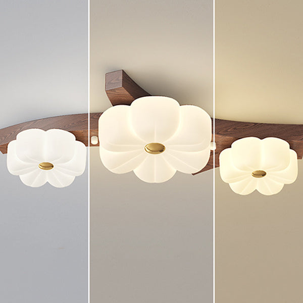 Traditional French Solid Wood Frame Flower PE LED Flush Mount Ceiling Light For Living Room