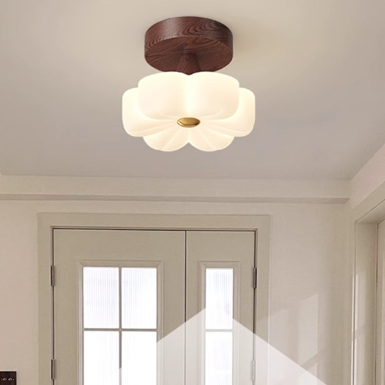 Traditional Vintage Solid Wood Flower PE Shade LED Semi-Flush Mount Ceiling Light For Living Room