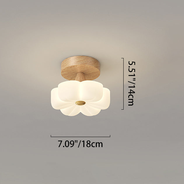 Traditional Vintage Solid Wood Flower PE Shade LED Semi-Flush Mount Ceiling Light For Living Room
