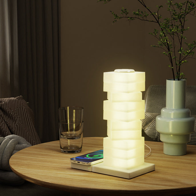 Contemporary Creative Plastic Cube Stacking Wireless Charging USB LED Table Lamp For Bedroom