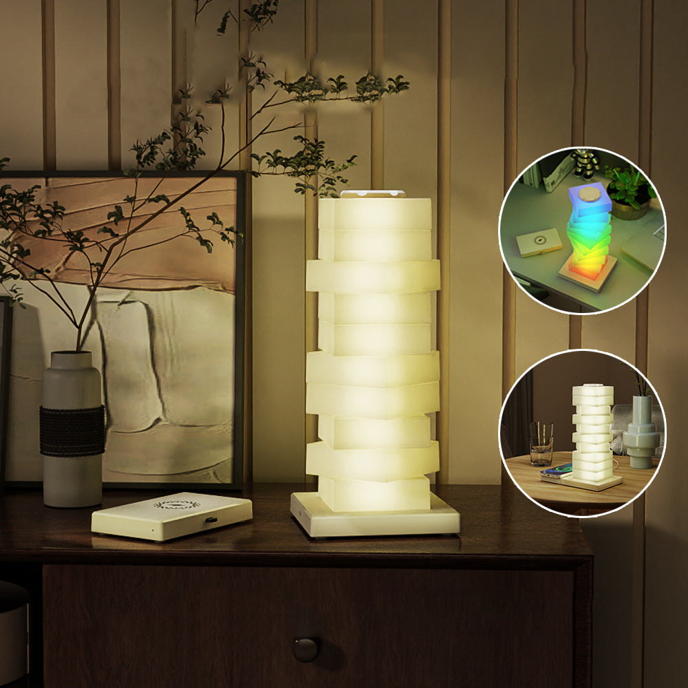 Contemporary Creative Plastic Cube Stacking Wireless Charging USB LED Table Lamp For Bedroom