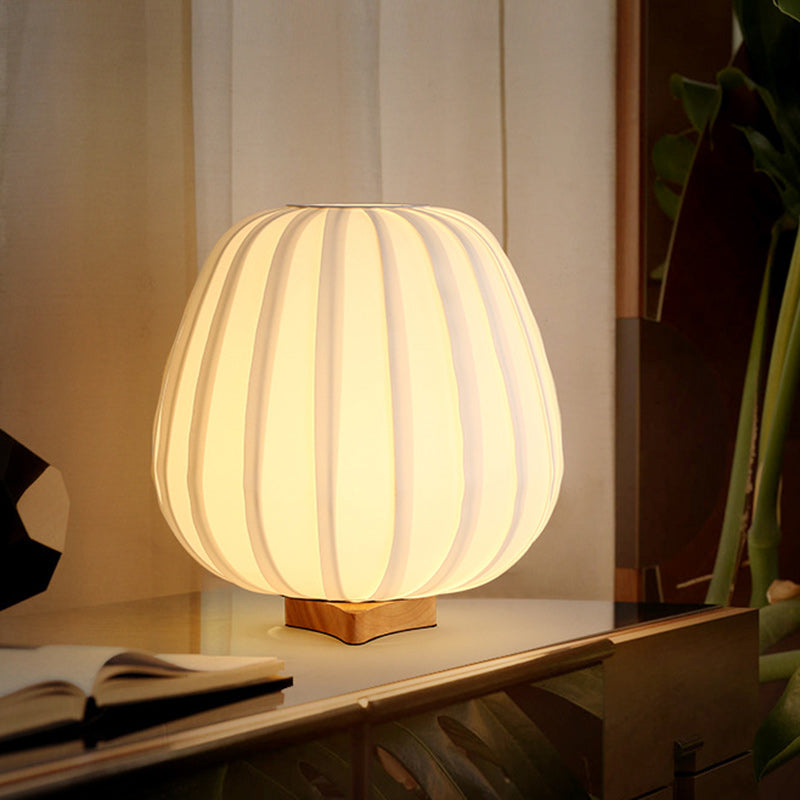 Traditional Japanese Fabric Round Cage Solid Wood 1-Light Table Lamp For Bedroom