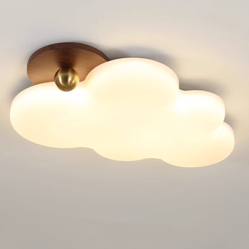 寝室用コンテンポラリーレトロ無垢材PEクラウドシェードLEDフラッシュマウントシーリングライト