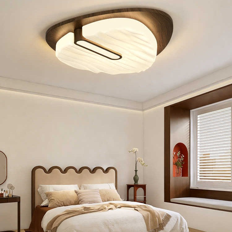 Contemporary Retro Iron Walnut Wood Grain PE Round Shade LED Flush Mount Ceiling Light For Bedroom