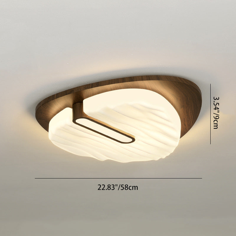 Contemporary Retro Iron Walnut Wood Grain PE Round Shade LED Flush Mount Ceiling Light For Bedroom