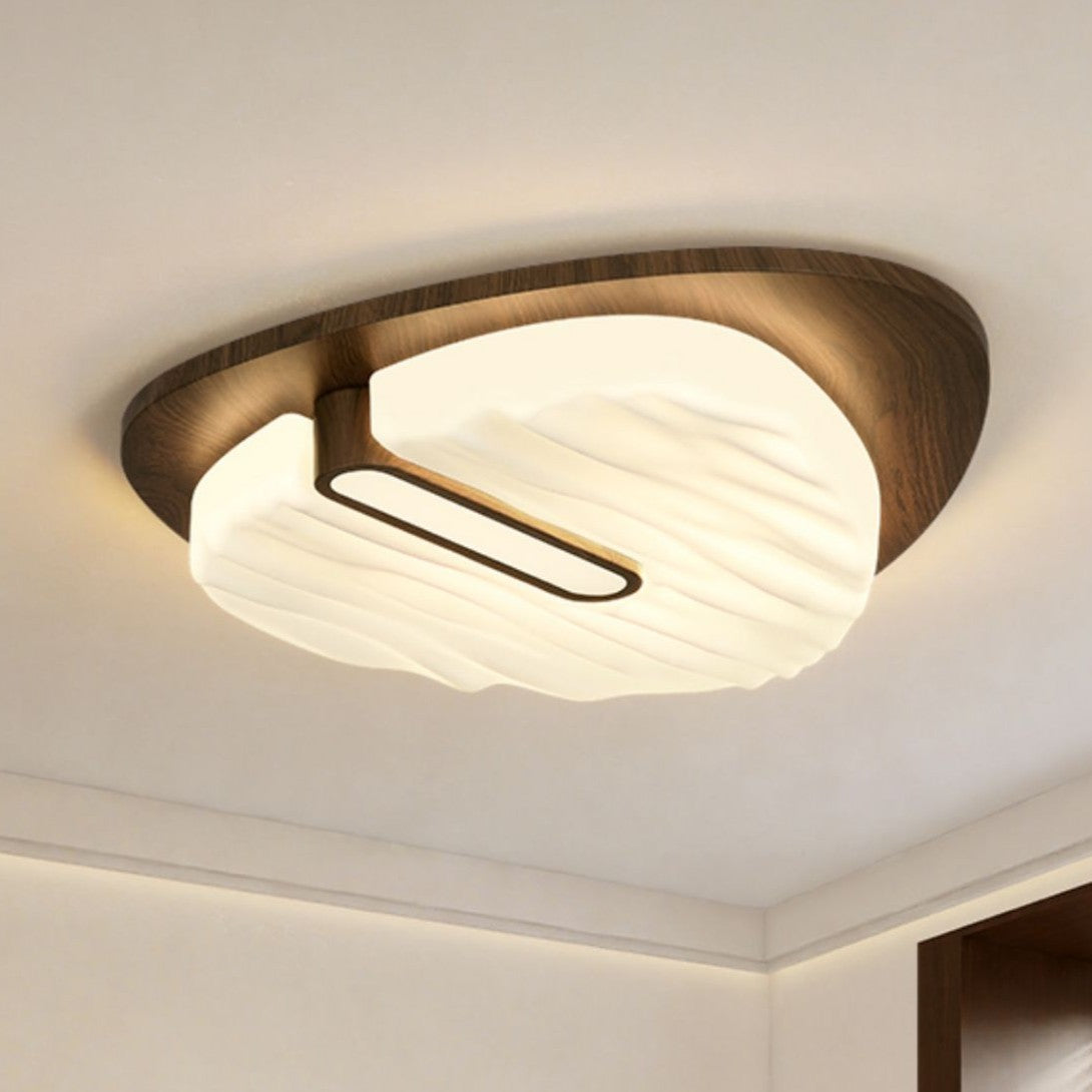 Contemporary Retro Iron Walnut Wood Grain PE Round Shade LED Flush Mount Ceiling Light For Bedroom