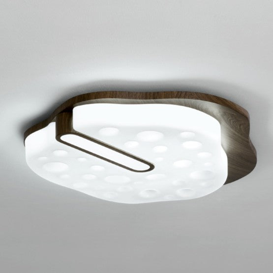 Contemporary Retro Iron Walnut Wood Grain PE Round Shade LED Flush Mount Ceiling Light For Bedroom