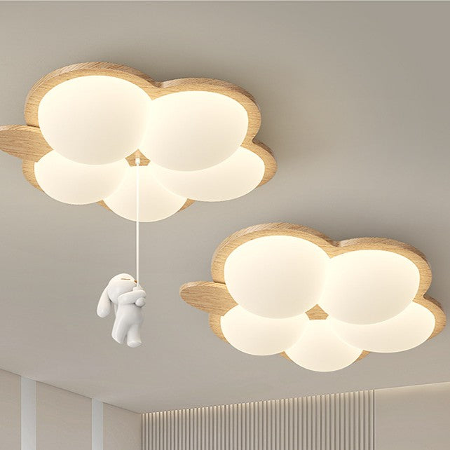 Contemporary Retro Wood Grain Rabbit PE Grape Shade LED Flush Mount Ceiling Light For Bedroom