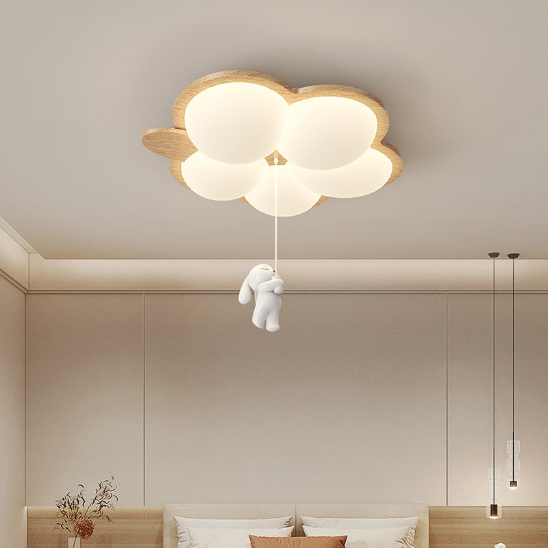 Contemporary Retro Wood Grain Rabbit PE Grape Shade LED Flush Mount Ceiling Light For Bedroom