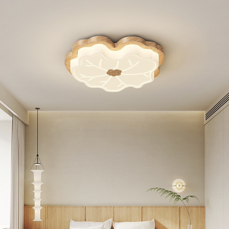 Contemporary Retro Wood Grain PE Lotus Leaf Shade LED Flush Mount Ceiling Light For Bedroom