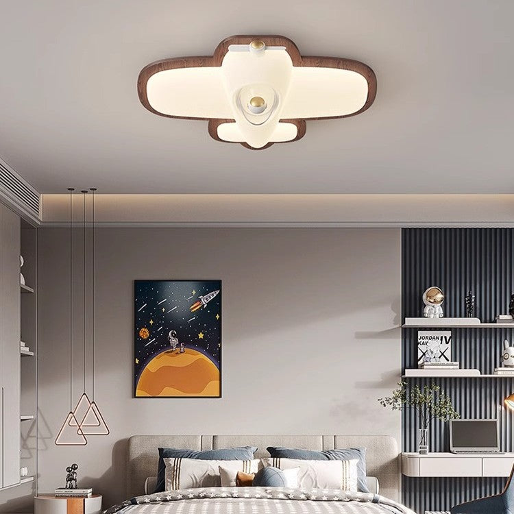 Contemporary Creative Cartoon Aircraft PE Shade Solid Wood LED Flush Mount Ceiling Light For Bedroom
