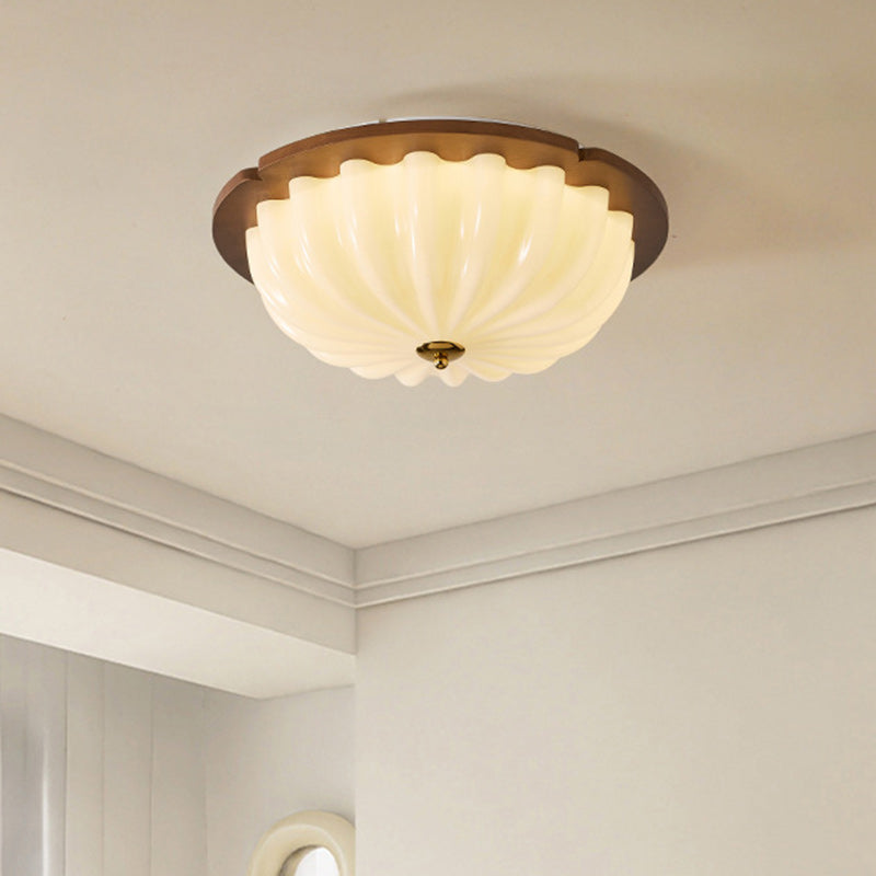Traditional French Solid Wood Octagonal Glass Shade LED Flush Mount Ceiling Light For Bedroom