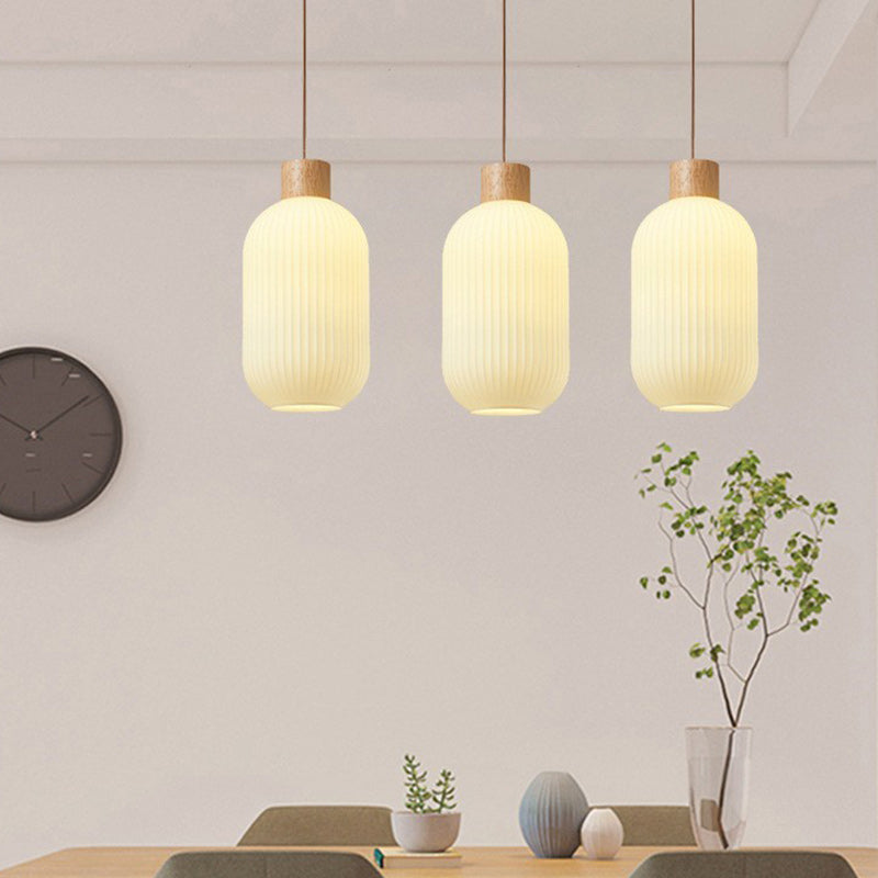 Traditional Japanese Cylinder Glass Solid Wood 1-Light Pendant Light For Living Room