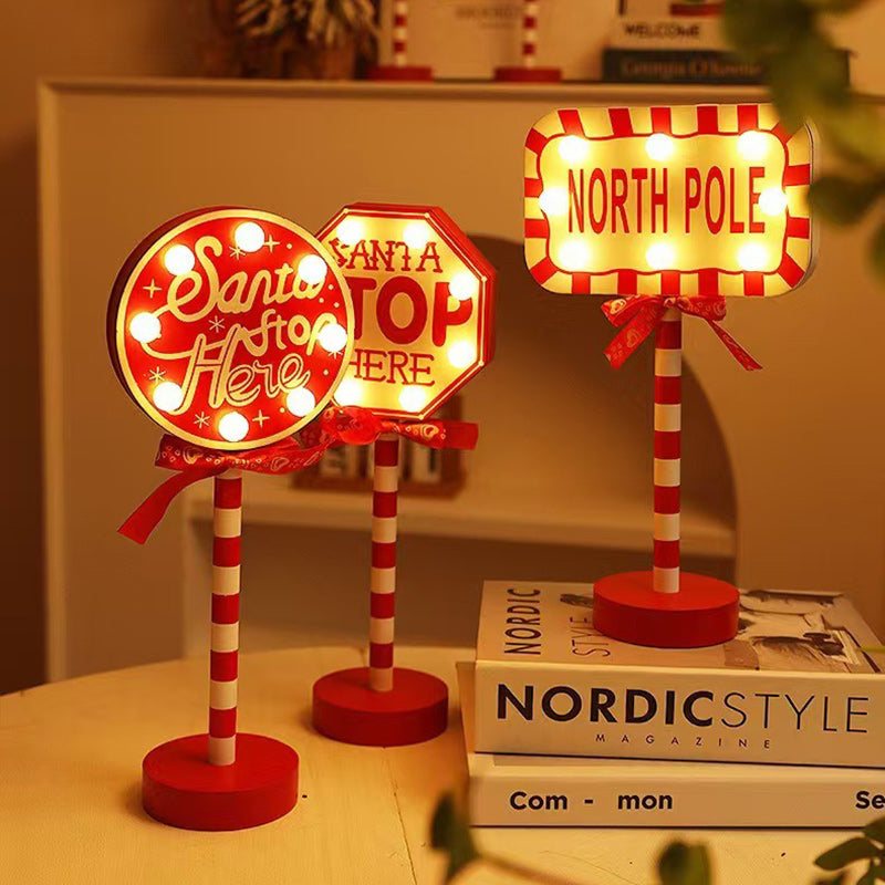 Contemporary Creative Christmas Road Sign Decoration Wooden Metal LED Table Lamp For Living Room