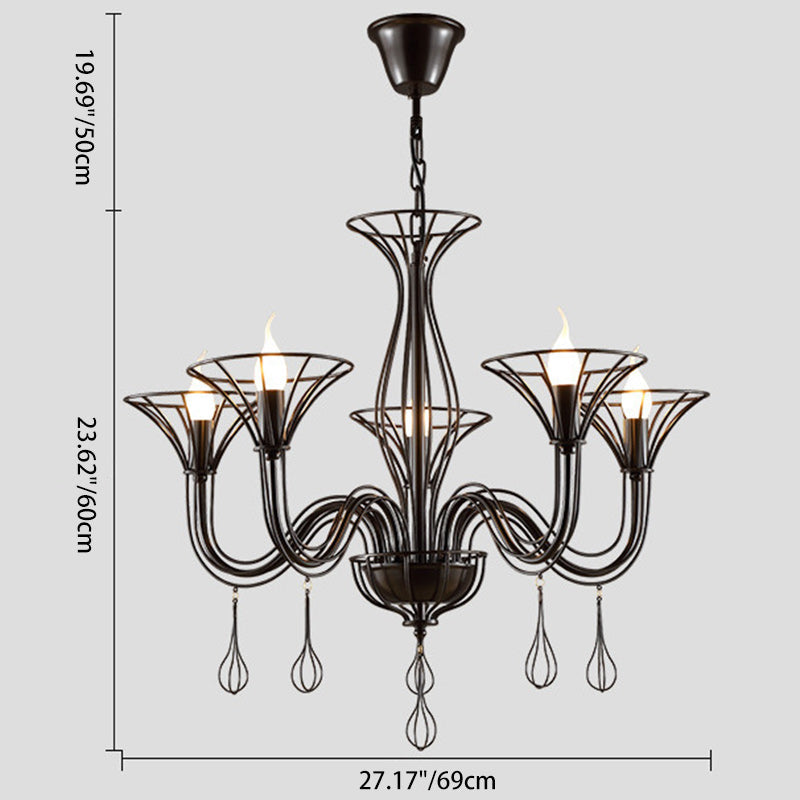 Traditional Rustic Iron Round Frame Candelabra 5-Light Chandelier For Living Room